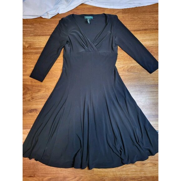 Ralph Lauren LRL Dress Womens 6 Black Jersey Faux Wrap Pleated Gathered Ruched - Picture 3 of 11